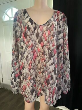 Liz Claiborne Women's Scoop Neck Printed Long Sleeve Top cuff sleeve 2x blouse